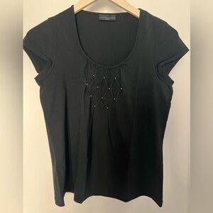 Apostrophe Black Short-Sleeve Scoop Neck Top with Pintuck Lattice size S